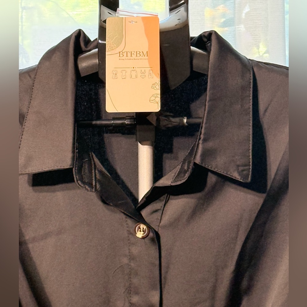 NWT BTFBM Black Button-Up Satin Maxi Dress Tie Front Pleated Midi Size XL - Picture 3 of 7